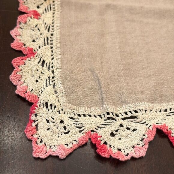 Vintage Taupe Table Runner Doily with Pink Crochet Edges - Picture 4 of 5
